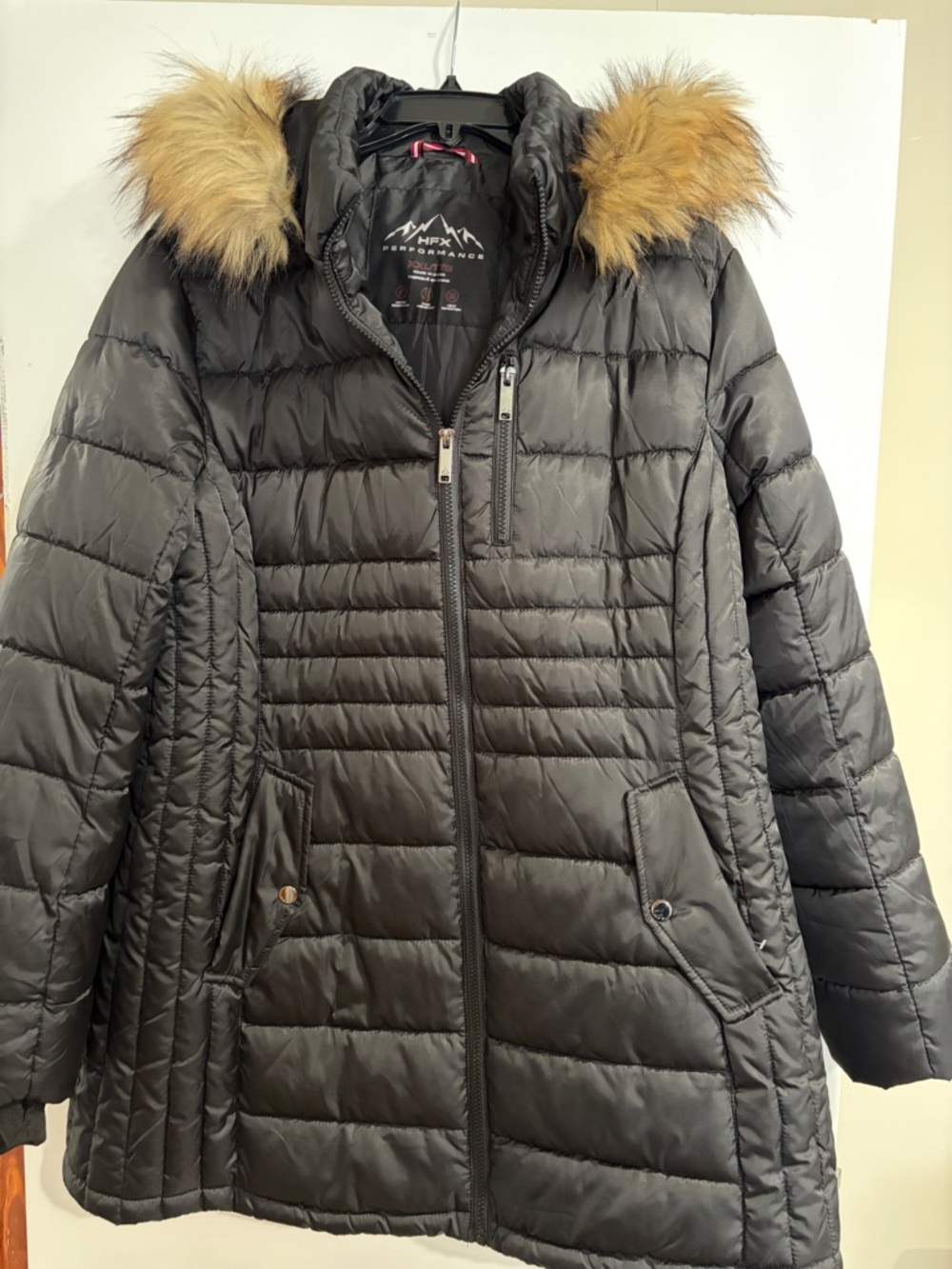 HFX Performance Black Quilted Puffer Coat with Faux Fur Trim